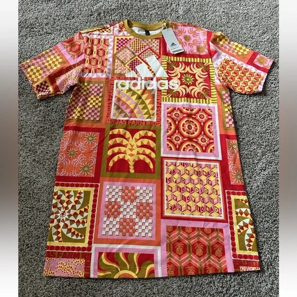 adidas | Dresses | Adidas X Farm Rio Solar Kaleidoscope Orange Short Sleeve  Tee Dress Size Small | Poshmark